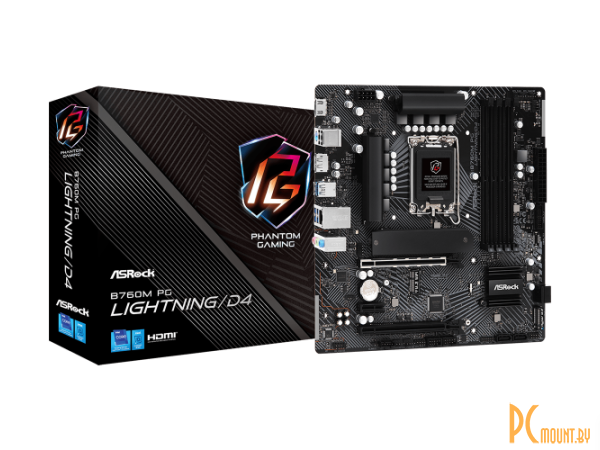 материнская плата Soc1700 ASRock (mATX память 4xDDR4 до 5333 МГц слоты: 2xPCIe x16 1xPCIe x1 3xM.2) B760M PG Lightning/D4 