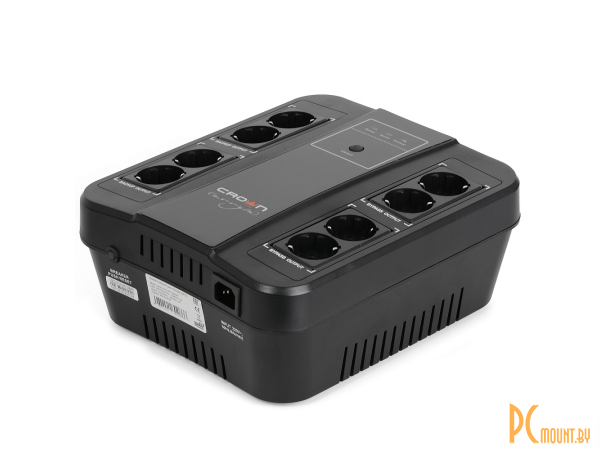 иБП 650VA  CROWN 390W, Line Interactive, RJ-11/45, USB, LED, розетки 8*EURO, 1x12V/7AH, трансформатор AVR 220/230/240В ± 25%, съёмный кабель питания 1.8 м, защита: от перегрузки, от КЗ, от перепадов напряжения, ПО CMUS-255 EURO SMART