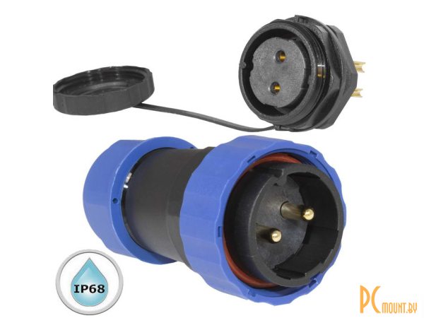 Герметичные разъемы: герметичный разъем (комплект) с заглушкой SZC 28 2P-M-FB, вилка-розетка, 2 контакта, диаметр входящего кабеля 15 мм, IP68, 5 А, 250 В, корпус PA66 UL94V-0, черный, накидные гайки синие; SZC28 2P-M-FB 120432