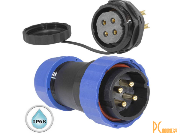 Герметичные разъемы: герметичный разъем (комплект) с заглушкой SZC 28 4P-M-FB, вилка-розетка, 4 контакта, диаметр входящего кабеля 15 мм, IP68, 5 А, 250 В, корпус PA66 UL94V-0, черный, накидные гайки синие; SZC28 4P-M-FB 120433