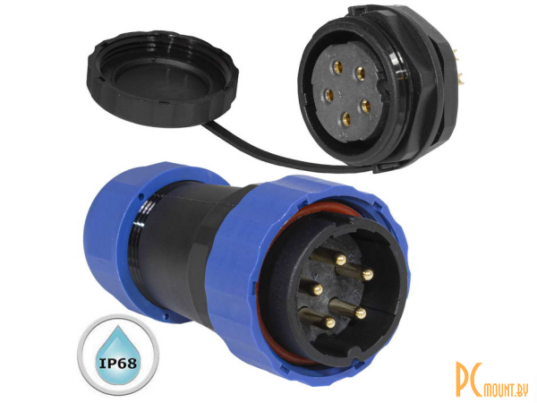 Герметичные разъемы: герметичный разъем (комплект) с заглушкой SZC 28 5P-M-FB, вилка-розетка, 5 контактов, диаметр входящего кабеля 15 мм, IP68, 5 А, 250 В, корпус PA66 UL94V-0, черный, накидные гайки синие; SZC28 5P-M-FB 106719