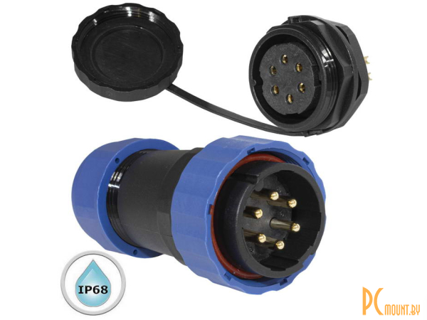 Герметичные разъемы: герметичный разъем (комплект) с заглушкой SZC 28 6P-M-FB, вилка-розетка, 6 контактов, диаметр входящего кабеля 15 мм, IP68, 5 А, 250 В, корпус PA66 UL94V-0, черный, накидные гайки синие; SZC28 6P-M-FB 106720