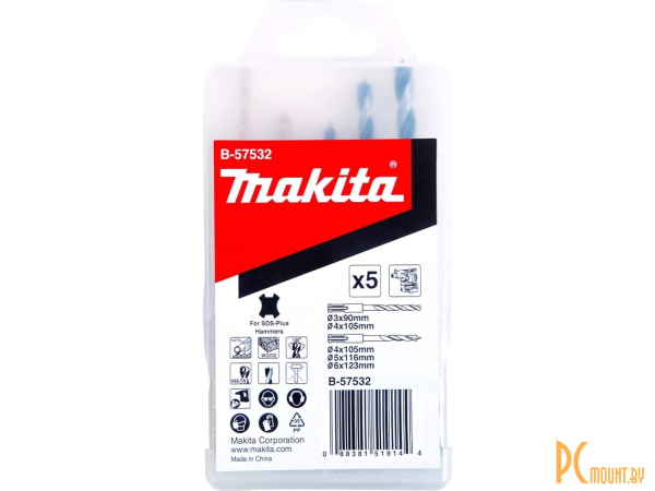 набор свёрл Makita HSS-TIN c хвостовиком SDS-Plus по дереву/металлу 5 шт () B-57532