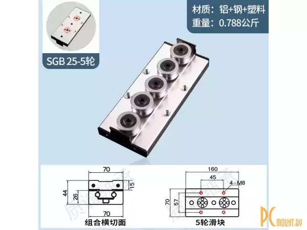 SGB25 5 роликов 160x70 Каретка для роликовой направляющей SGB25