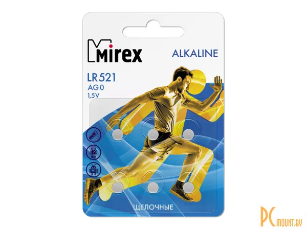 Батарейка щелочная Mirex LR521 (AG0), 1.5V, блистер, 6 шт