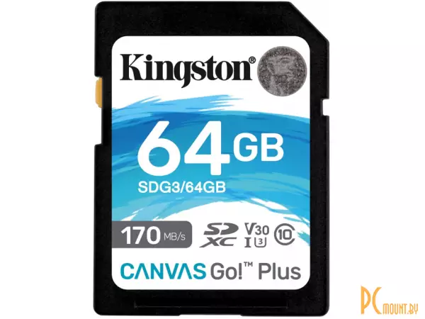 Карта памяти SDXC, 64GB, Class 10, UHS-1 U3, V30, Kingston SDG3/64GB